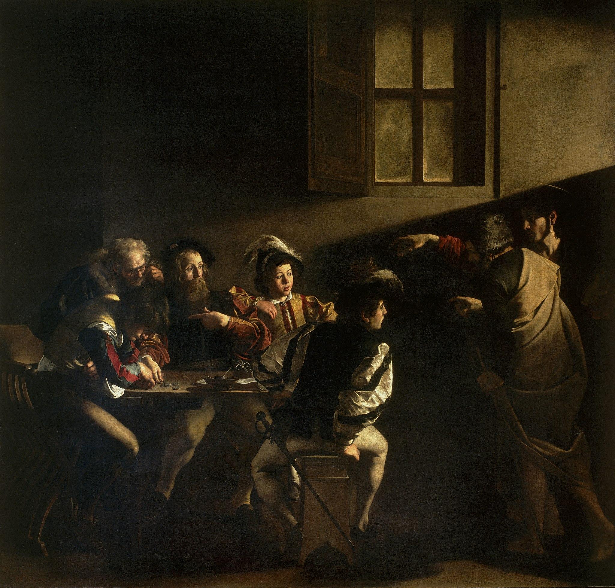 The Calling of Saint Matthew (1599–1600), Contarelli Chapel, San Luigi dei Francesi, Rome. Without recourse to flying angels, parting clouds or other artifice, Caravaggio portrays the instant conversion of St Matthew, the moment on which his destiny will turn, by means of a beam of light and the pointing finger of Jesus.